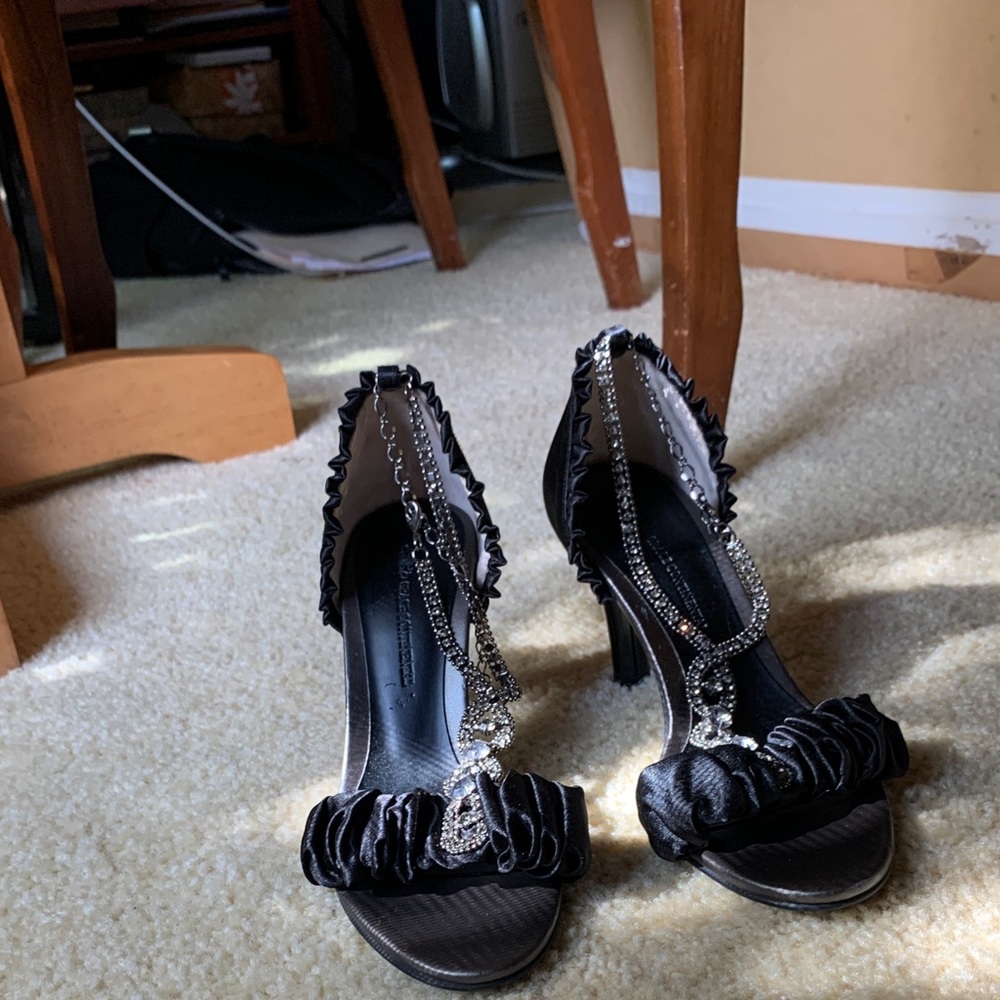 Black silky satin sandal with stones.